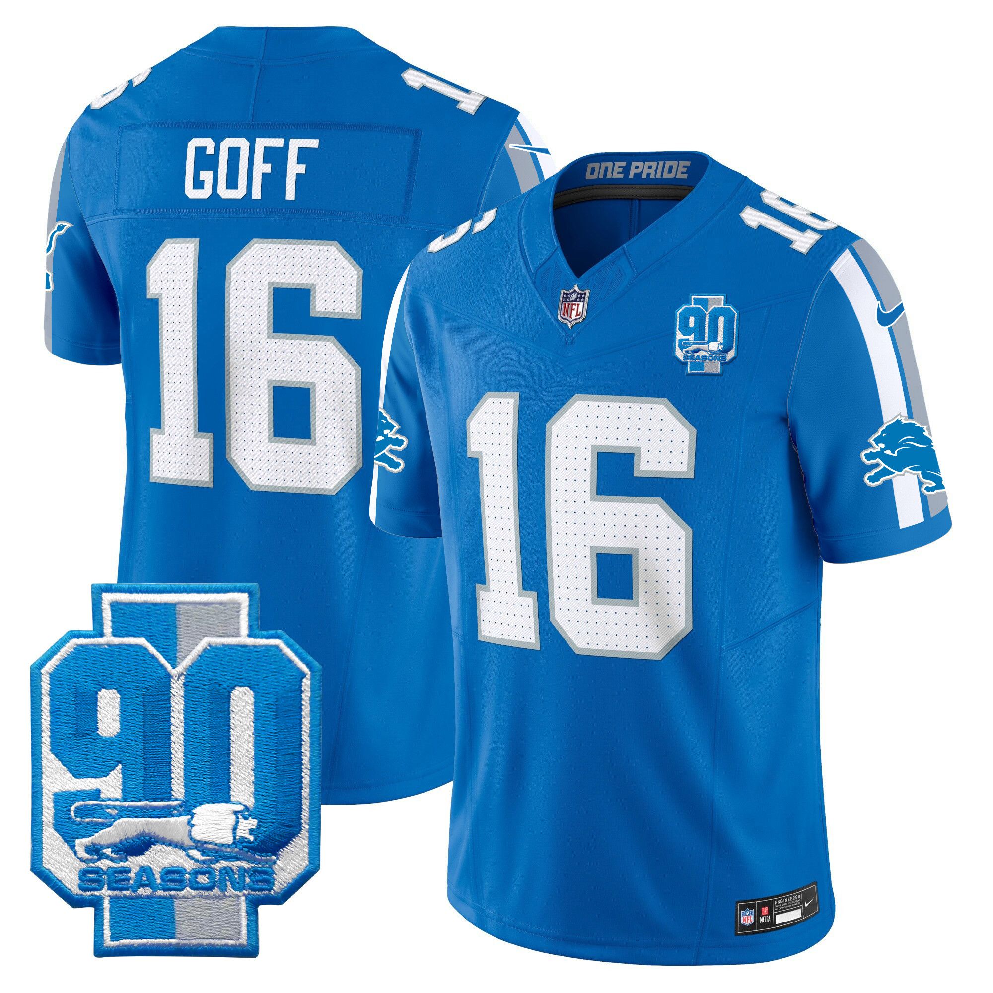Men Detroit Lions #16 Goff Blue 2024 Nike 90th Year Patch Vapor Limited NFL Jersey